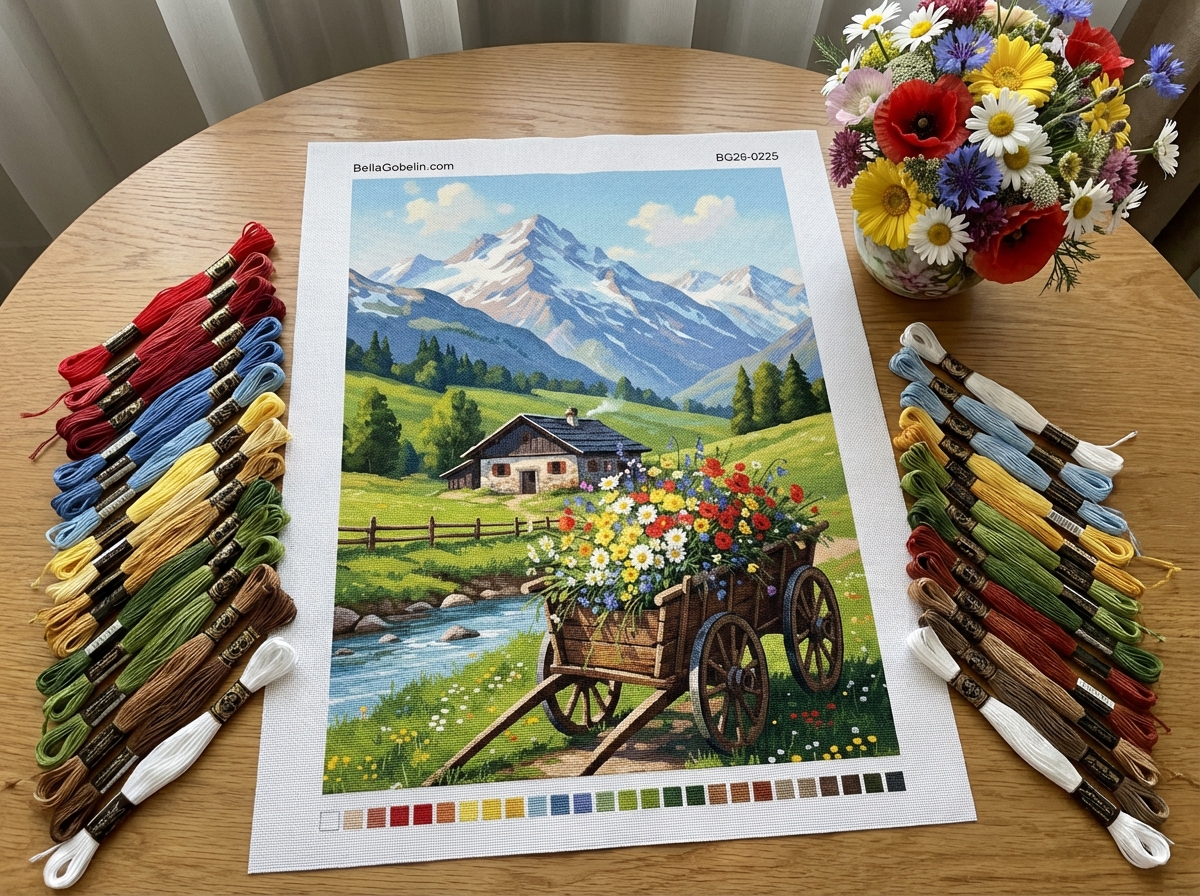 Alpesi táj virágos szekérrel – BG26-0225