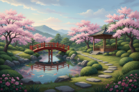 Japán kert cseresznyevirágzással
